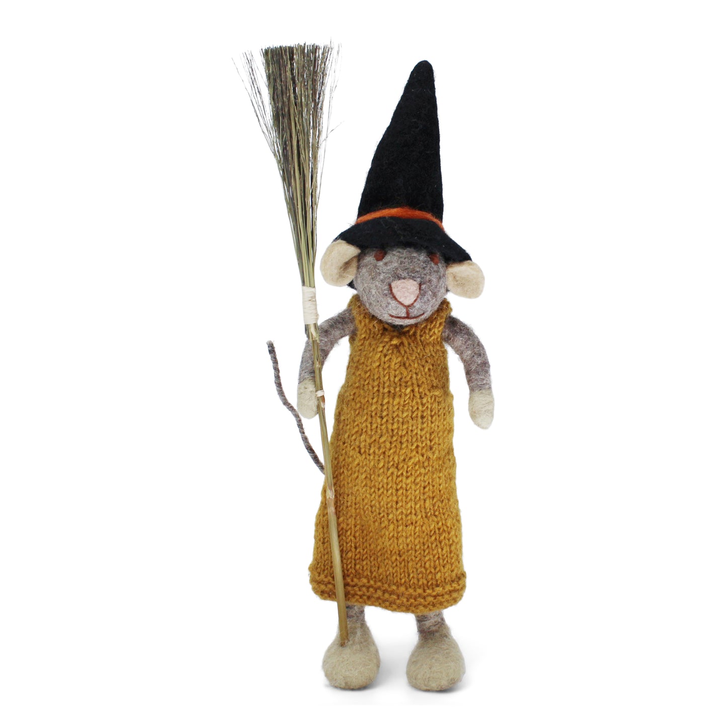 Mausmädchen grau mit Besen und ockerfarbigem Kleid