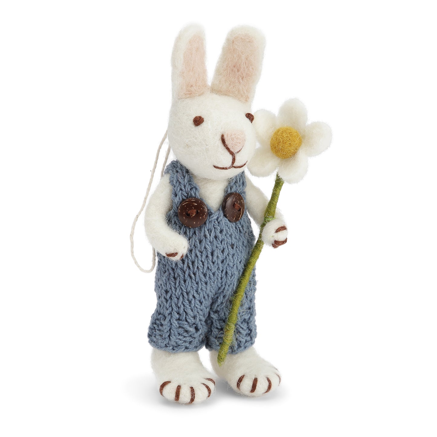 Weisser Hase mit Margerite und blauer Hose