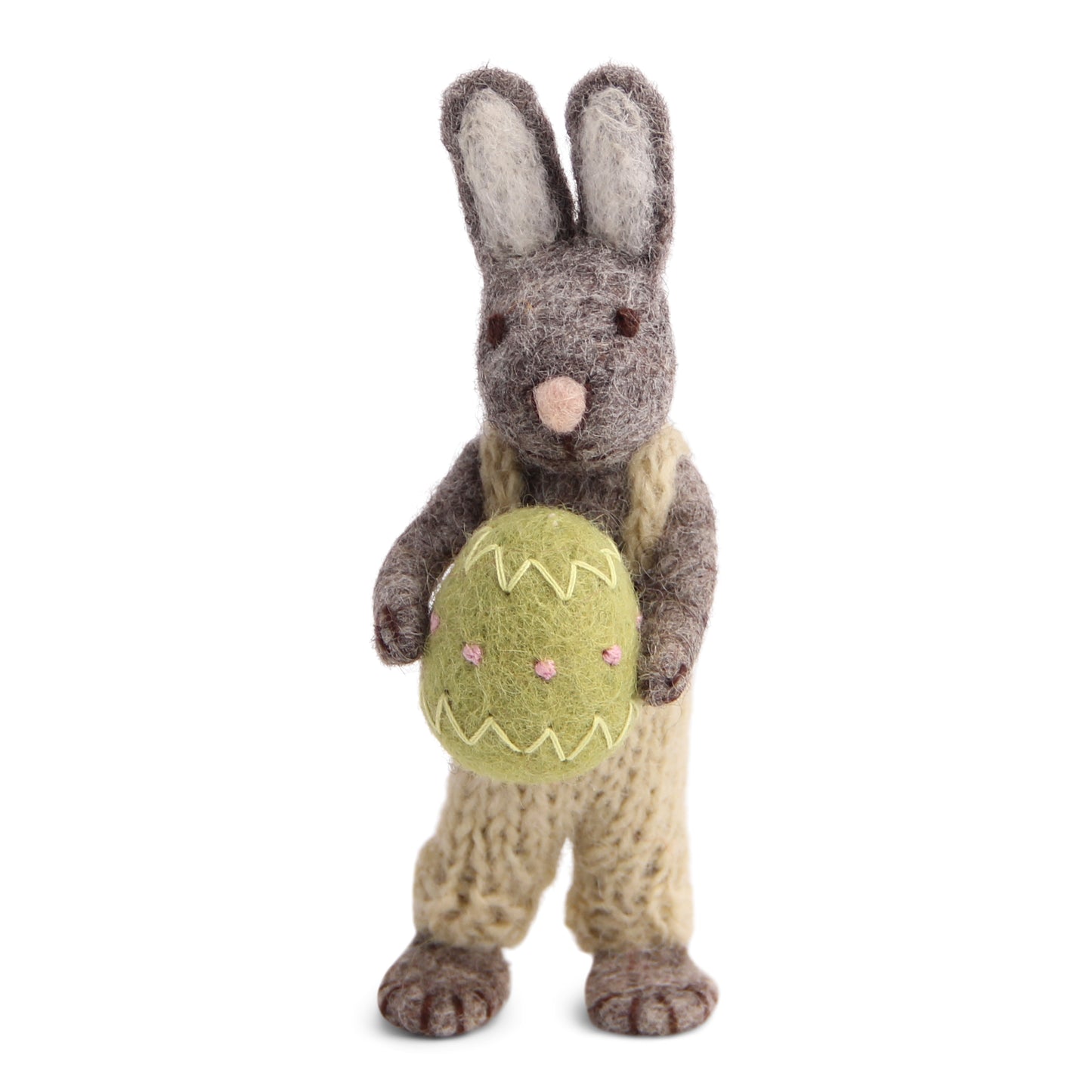 Grauer Hase mit grünem Osterei und Hose