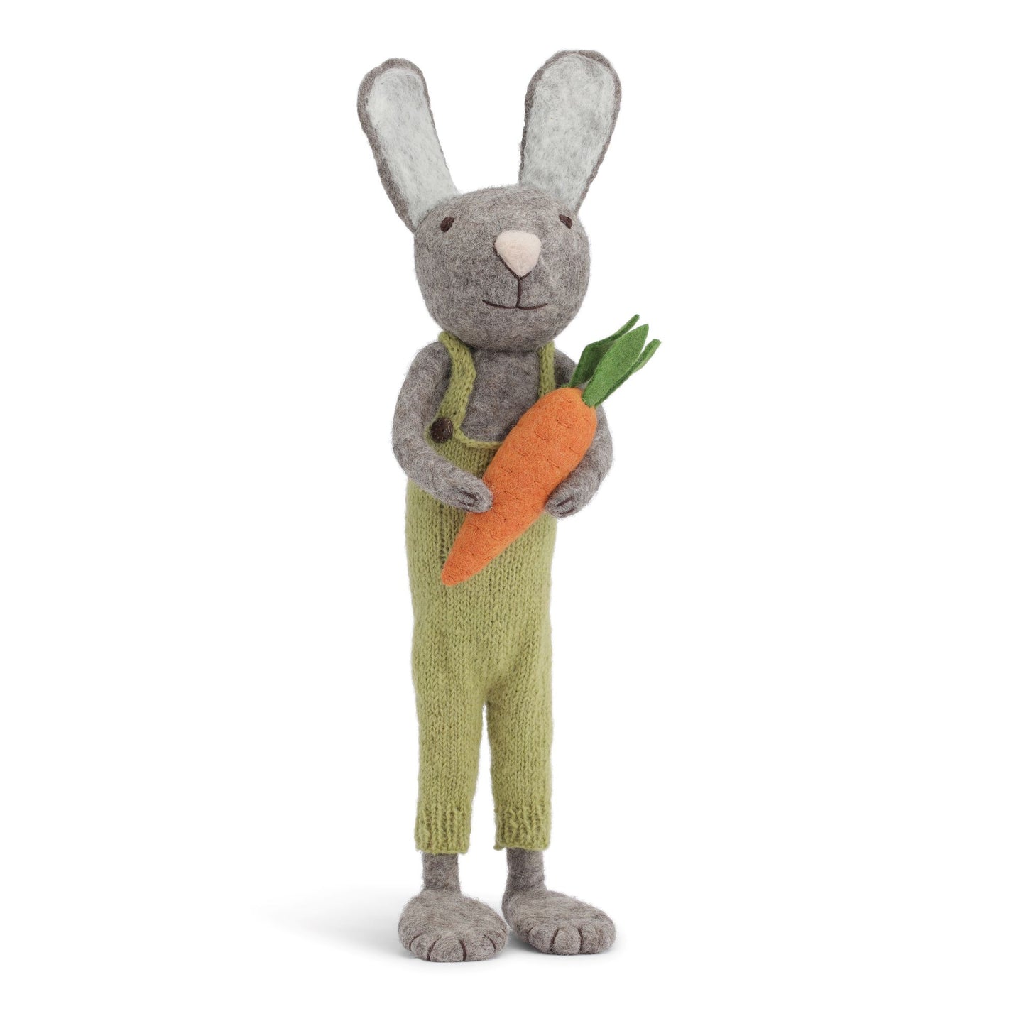Grauer Hase mit Karotte und grüner Hose