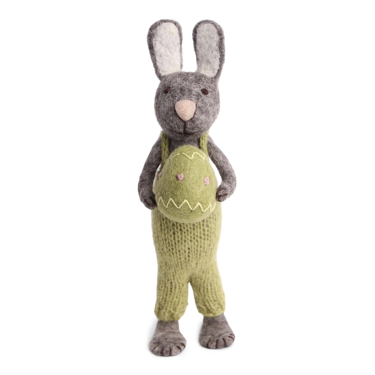 Grauer Hase mit grünem Osterei und Hose