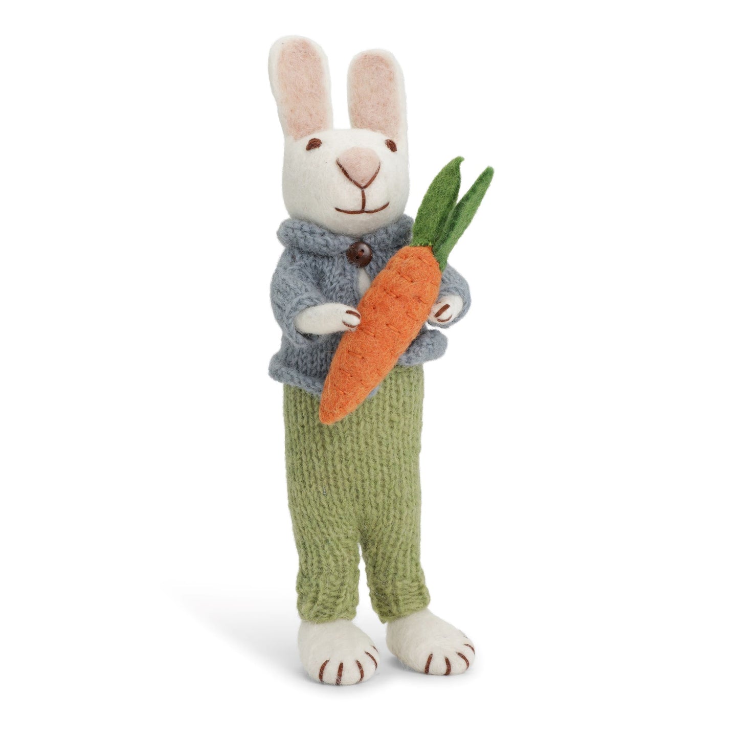 Weisser Hase mit blauer Jacke, grüner Hose und Karotte