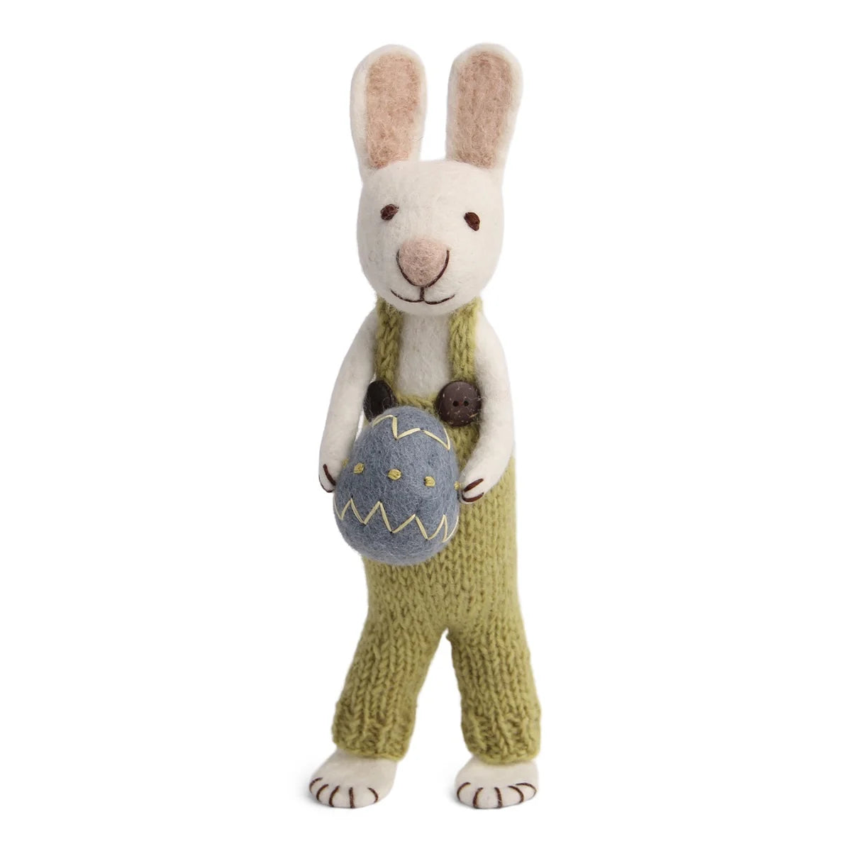 Weisser Hase mit blauem Osterei und grüner Hose